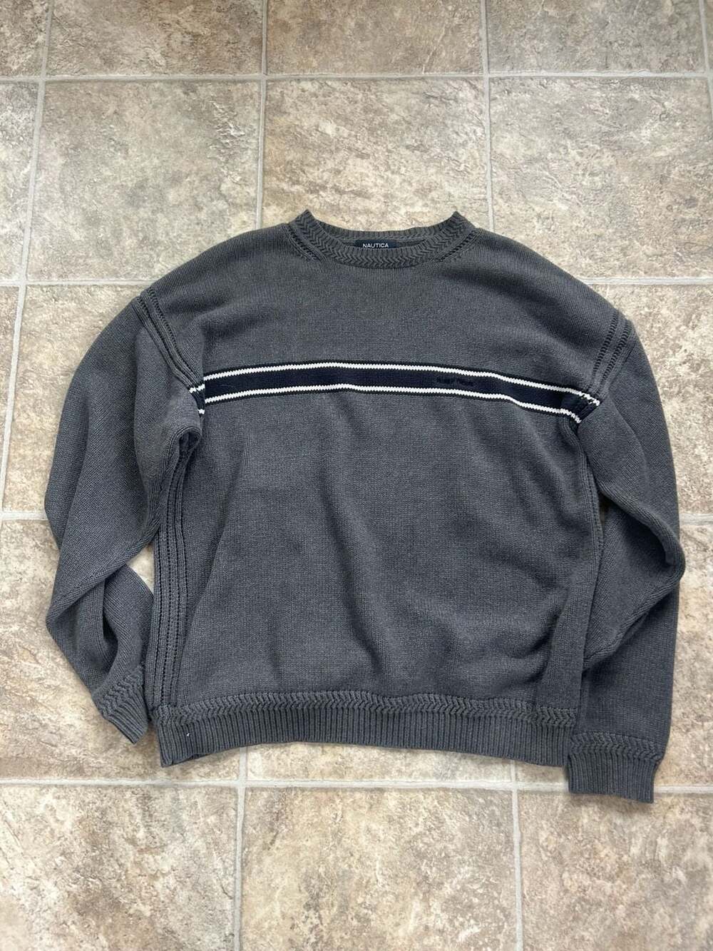 Nautica Men's Large VintageCharcoalGray100% Cotton Striped Crewneck Knit Sweater